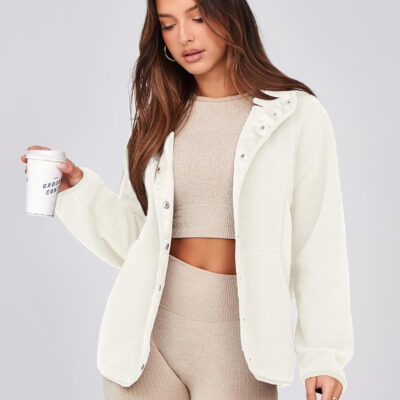 Glamaker women's Fleece Sherpa Jacket Winter Coats Long Sleeve Casual Button Fuzzy Cropped Sweatshirt Outerwear With Pockets
