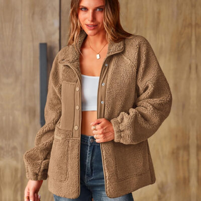 PRETTYGARDEN Women 2024 Fall Winter Fleece Jacket Long Sleeve Casual Button Fuzzy Sherpa Cropped Coats Outerwear with Pockets