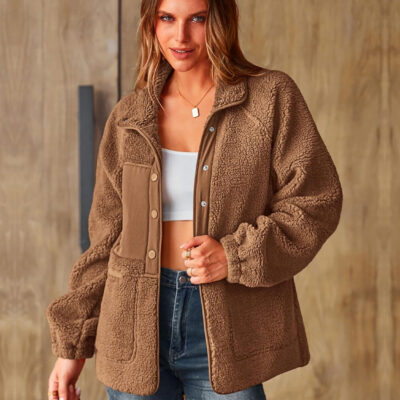 PRETTYGARDEN Women 2024 Fall Winter Fleece Jacket Long Sleeve Casual Button Fuzzy Sherpa Cropped Coats Outerwear with Pockets