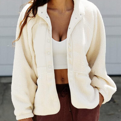 PRETTYGARDEN Women 2024 Fall Winter Fleece Jacket Long Sleeve Casual Button Fuzzy Sherpa Cropped Coats Outerwear with Pockets