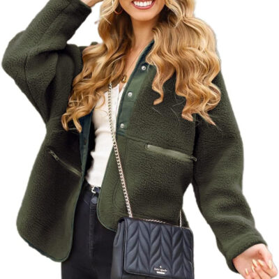 PRETTYGARDEN Women 2024 Fall Winter Fleece Jacket Long Sleeve Casual Button Fuzzy Sherpa Cropped Coats Outerwear with Pockets