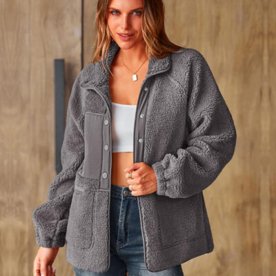 PRETTYGARDEN Women 2024 Fall Winter Fleece Jacket Long Sleeve Casual Button Fuzzy Sherpa Cropped Coats Outerwear with Pockets