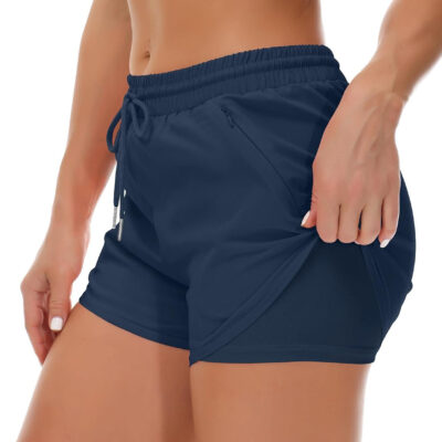 689b2e651a44b07343c0be9098140c27927c5556c116aad1ca2f2.jpg Women's Running Shorts with Liner 3 Zipper Pockets Elastic Workout Athletic Gym Yoga Shorts