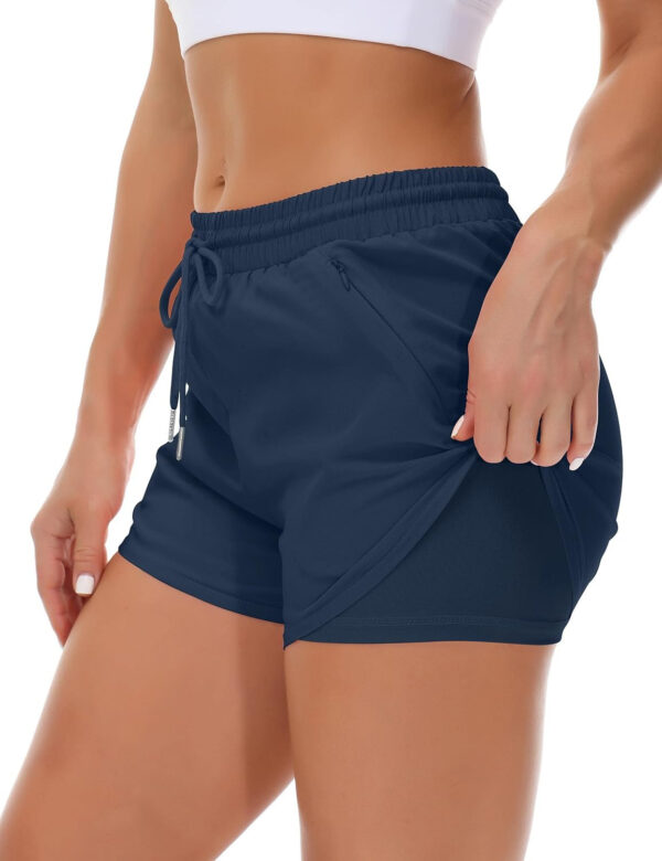 689b2e651a44b07343c0be9098140c27927c5556c116aad1ca2f2.jpg Women's Running Shorts with Liner 3 Zipper Pockets Elastic Workout Athletic Gym Yoga Shorts