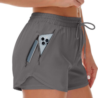 689b2e6c015c0f8ac17de505010225e2cd647a741024a896d868d.jpg Women's Running Shorts with Liner 3 Zipper Pockets Elastic Workout Athletic Gym Yoga Shorts