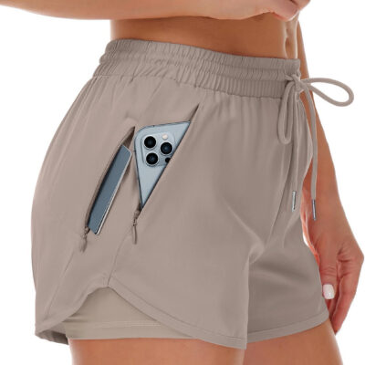 689b2e7555c2d8999681722482d9014b34ee68f17d3de037d8d55.jpg Women's Running Shorts with Liner 3 Zipper Pockets Elastic Workout Athletic Gym Yoga Shorts