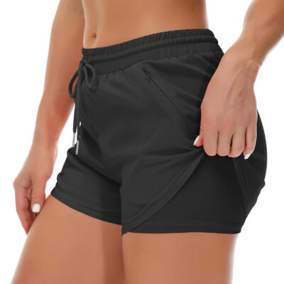 689b2e985ad72349141e658569311dec704cb8e8ebfa43a1c2b7f.jpg Women's Running Shorts with Liner 3 Zipper Pockets Elastic Workout Athletic Gym Yoga Shorts