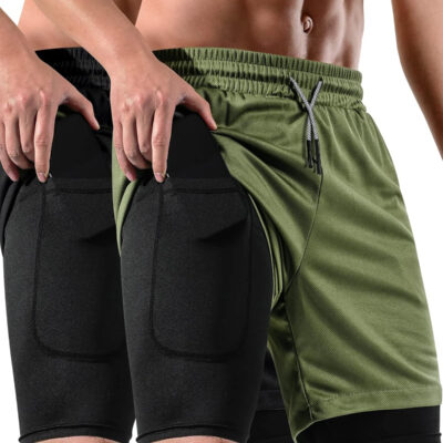 2 in 1 Mens Shorts Casual 2 Pack, Running Gym Shorts for Men 7 Inch, Workout Shorts Men with Pockets &Towel Loop