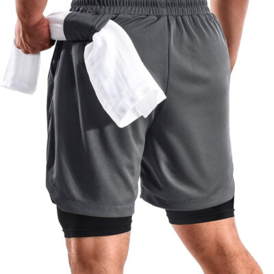 2 in 1 Mens Shorts Casual 2 Pack, Running Gym Shorts for Men 7 Inch, Workout Shorts Men with Pockets &Towel Loop