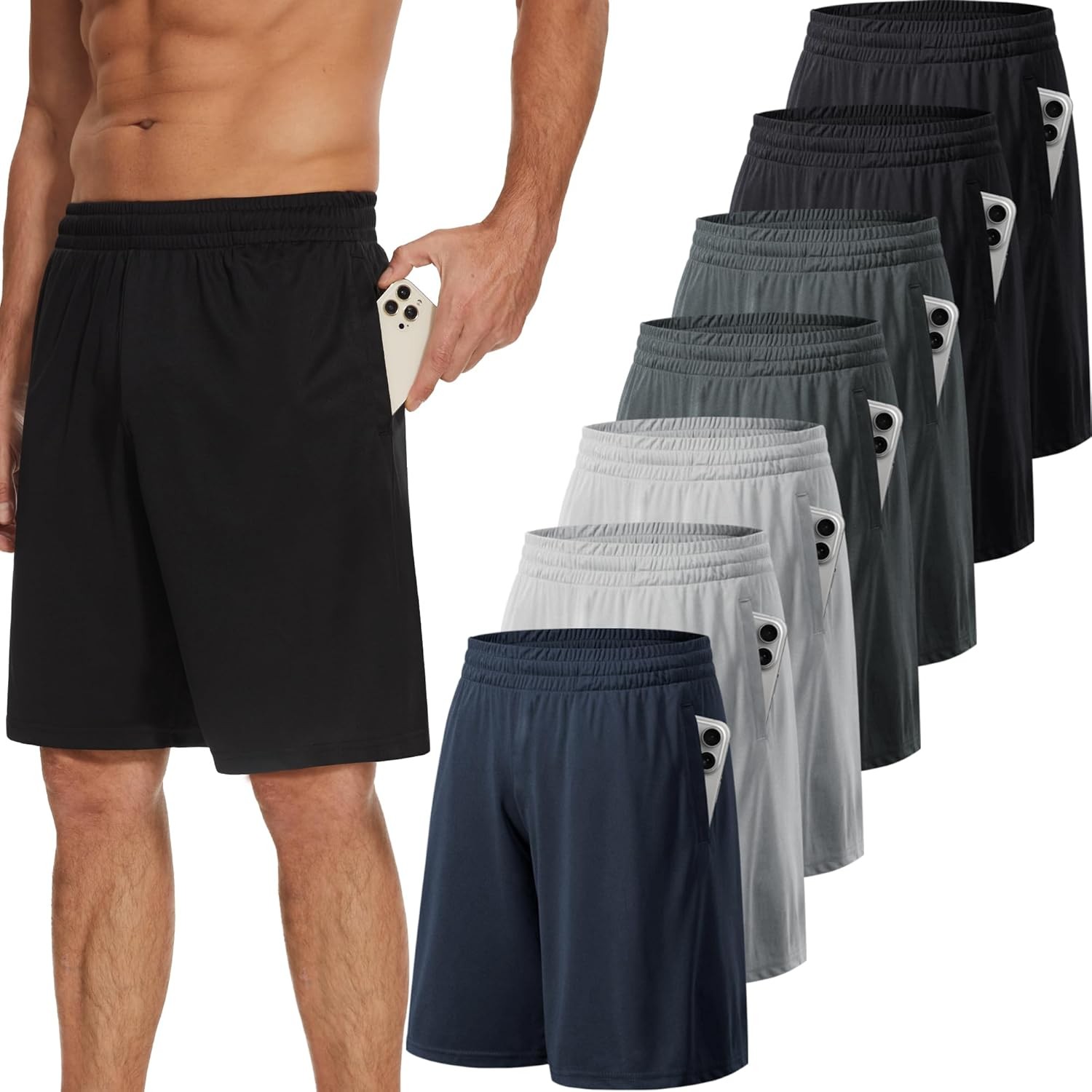 TVKSOM 7 Pack Mens Athletic Shorts with Pockets and Elastic Waistband Quick Dry Basketball Shorts Men for Running Casual
