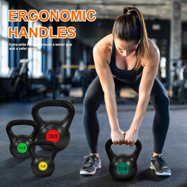 689b3c7e89c34e9df12b2b758bd2c0a7e4729d448d2d601724232.jpg Wide Grip 3-Piece or 4-Piece Kettlebell Exercise Fitness Weight Set, Include 5 lbs, 10 lbs, 15 lbs and 20 lbs, Set of 3 or Set of 4