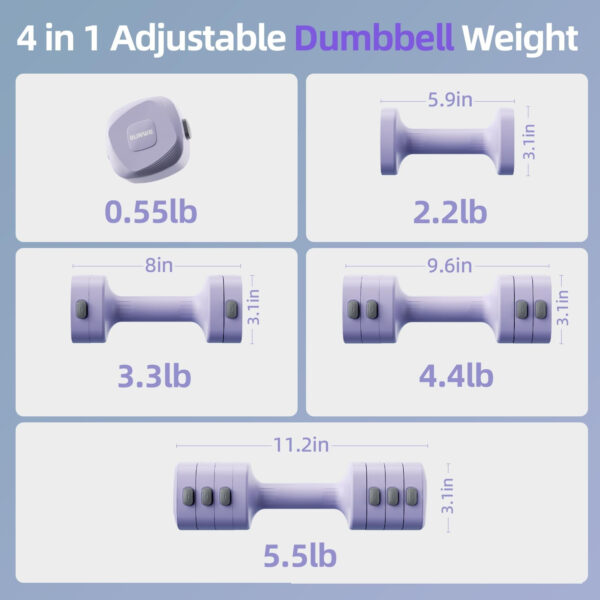689b3d5e8bde6325a134588f049b908b491ce4f247aad9644eff5.jpg Lightweight Adjustable Dumbbell Kettlebell Set - 4 in 1 Free Weight Set with Kettlebell Grip Converter, Each 2.2 3.3 4.4 5.5lb Quick Change Weight Women Dumbbell Set for Small Spaces Home Gym