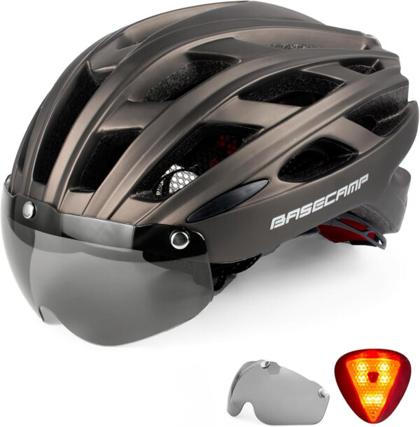 Bike Helmet, Basecamp Bicycle Helmet with Rear Light & Detachable Magnetic Goggles Lightweight Cycling Helmet Adjustable for Adult Men Women Mountain & Road (BC-069)