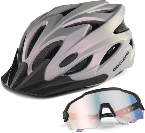 Odoland Bike Helmet Cycling Sunglasses Set for Adult, Adjustable Lightweight Cycling Bicycle Helmet for Mountain Road Bike Men Women