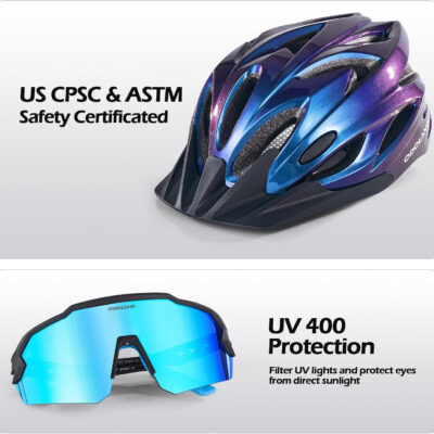 Odoland Bike Helmet Cycling Sunglasses Set for Adult, Adjustable Lightweight Cycling Bicycle Helmet for Mountain Road Bike Men Women
