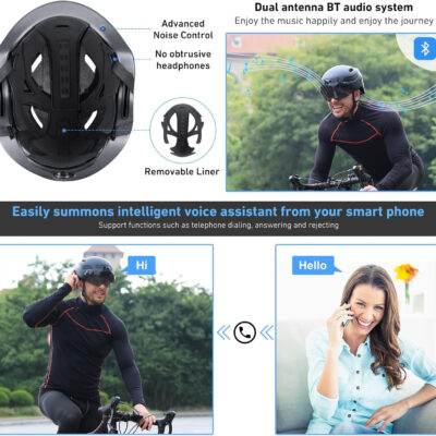 KRS-S1 Bike Helmets for Men Smart Helmets for Adults with 1080P 60 fps Sports Camera Dual Antenna Bluetooth Womens Bike Helmet (L-22-24.4in, Matte Black)