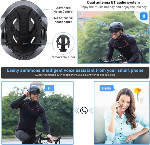 KRS-S1 Bike Helmets for Men Smart Helmets for Adults with 1080P 60 fps Sports Camera Dual Antenna Bluetooth Womens Bike Helmet (L-22-24.4in, Matte Black)