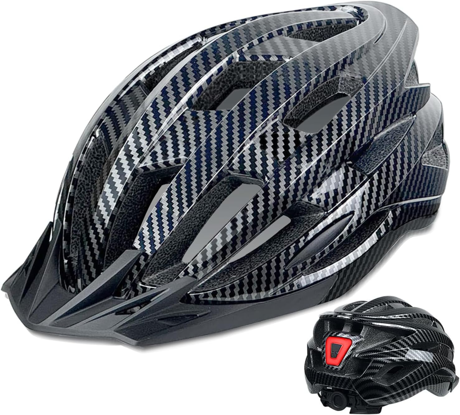 Bike Helmet for Adult Men Women with Multi-Mode Rear LED Light, with Suggested Fit 56-62cm, Lightweight with Adjustable Dial, Side and Chin Strap, Carbon Black Shiny Surface