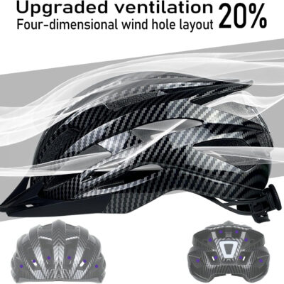 Bike Helmet for Adult Men Women with Multi-Mode Rear LED Light, with Suggested Fit 56-62cm, Lightweight with Adjustable Dial, Side and Chin Strap, Carbon Black Shiny Surface