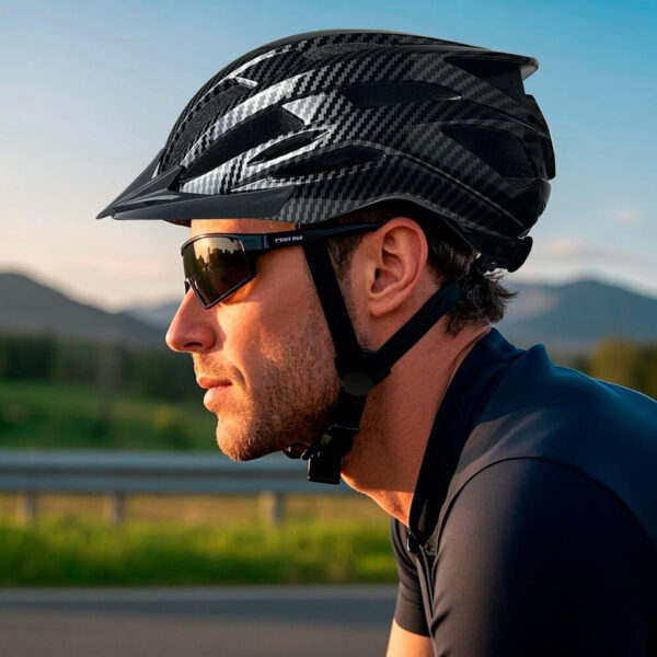 Bike Helmet for Adult Men Women with Multi-Mode Rear LED Light, with Suggested Fit 56-62cm, Lightweight with Adjustable Dial, Side and Chin Strap, Carbon Black Shiny Surface