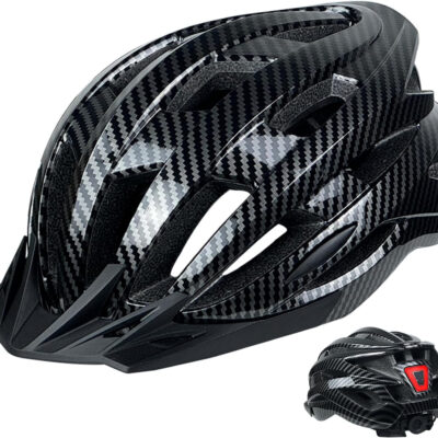 Bike Helmet for Adult Men Women with Multi-Mode Rear LED Light, with Suggested Fit 56-62cm, Lightweight with Adjustable Dial, Side and Chin Strap, Carbon Black Shiny Surface
