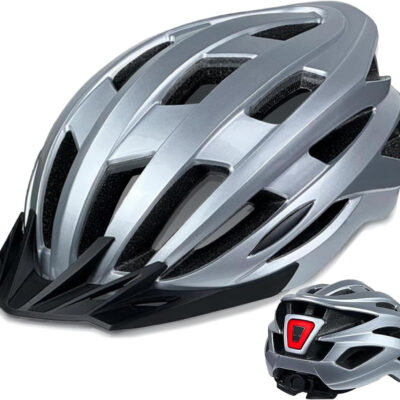 Bike Helmet for Adult Men Women with Multi-Mode Rear LED Light, with Suggested Fit 56-62cm, Lightweight with Adjustable Dial, Side and Chin Strap, Carbon Black Shiny Surface