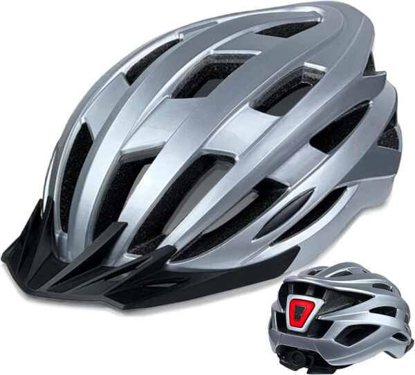 Bike Helmet for Adult Men Women with Multi-Mode Rear LED Light, with Suggested Fit 56-62cm, Lightweight with Adjustable Dial, Side and Chin Strap, Carbon Black Shiny Surface