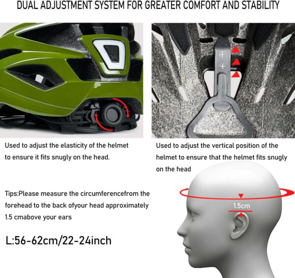 Bike Helmet for Adult Men Women with Multi-Mode Rear LED Light, with Suggested Fit 56-62cm, Lightweight with Adjustable Dial, Side and Chin Strap, Carbon Black Shiny Surface