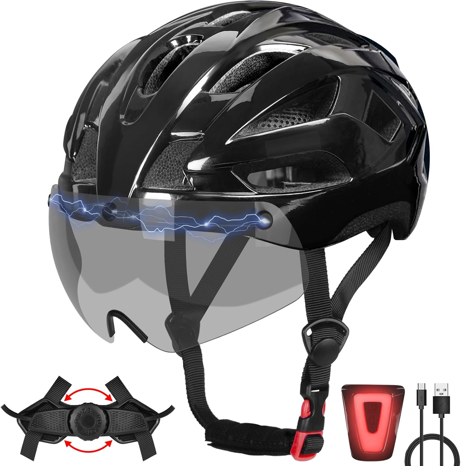 Bike Helmet Adult for Men, Lightweight Ebike Helmet with LED Light & Magnetic Goggles, USB Charging Cable Included, Cycling Helmet for Adult with Adjustable Dial Fit 22.8"- 24.4 "