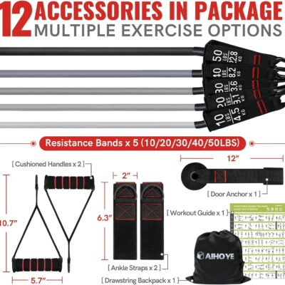 Aihoye Resistance Bands for Working Out, Exercise Bands with Handles, Stretch Bands for Exercise, Workout Bands with Door Anchors for Physical Therapy & Strength Training
