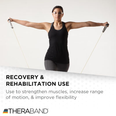689b500e23cbf1d14266e54bdaa3f74b952e7619437005d66c99d.jpg THERABAND Resistance Tubes, Professional Latex Elastic Tubing For Upper & Lower Body, Core Exercise, Physical Therapy, Lower Pilates, At-Home Workouts, & Rehab, 25 Foot, Red, Medium, Beginner Level 3