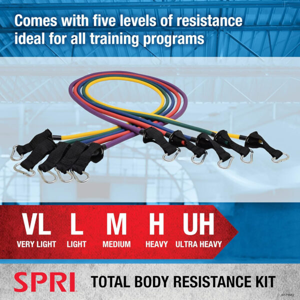 689b516289d0c6004535db05eaa42cc339551981a18d2d0f64dbc.jpg SPRI Resistance Band Kit - Resistance Training Interchangeable Tubes for Full Body Toning - Includes 5 Exercise Bands, Ankle/Wrist Strap with Padded Handles, Door Anchor, Exercise Guide, Carry Bag