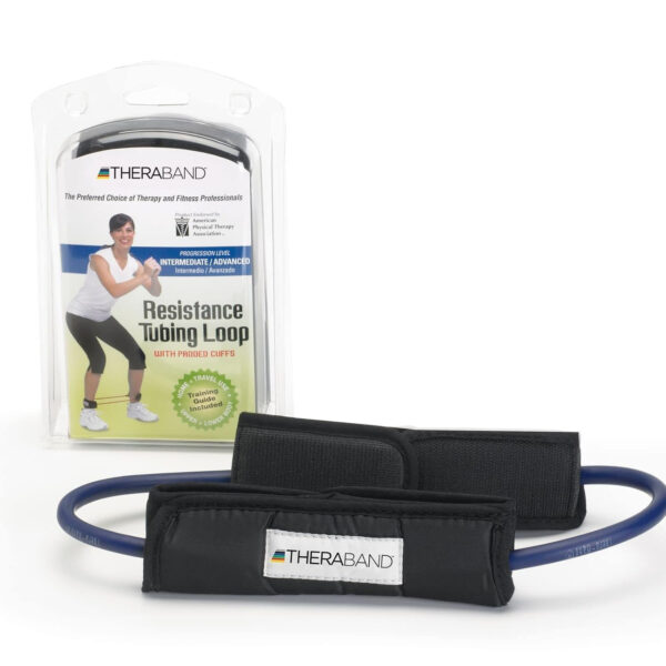 THERABAND Resistance Tubes, Professional Latex Elastic Tubing For Physical Therapy, Lower Pilates, At-Home Workouts, and Rehab, 12 Inch With Padded Cuffs, Red, Medium, Beginner Level 3