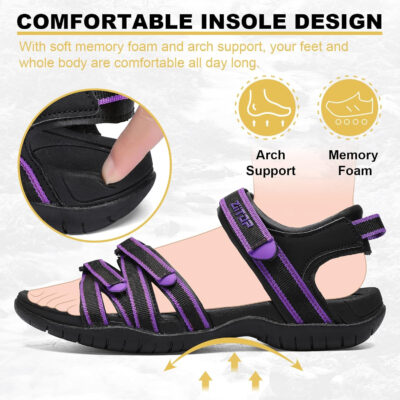 Womens Open Toe Hiking Sandal Women Slip On Sport Walking Sandal Straps with Arch Support Beach Vacation Casual Camping