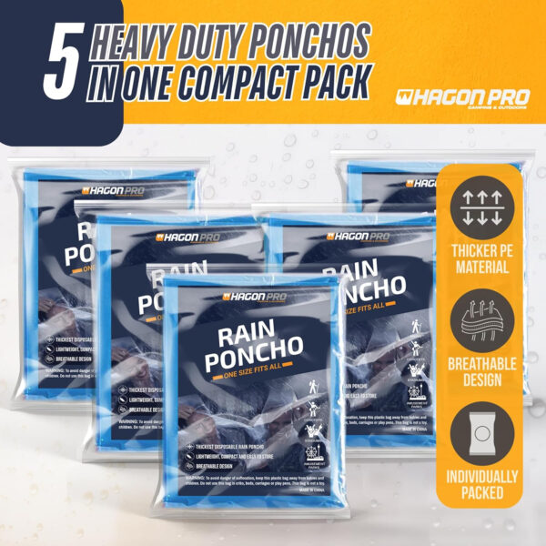 Hagon PRO Disposable Rain Ponchos for Adults (5 Pack)