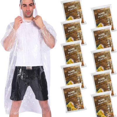 689b67ff81af3c6676a3960bb4ed5b4f171aa7648afa98c3fa0a8.jpg Rain Ponchos,with Drawstring Hood (10 Pack) Emergency Disposable Rain Ponchos Family Pack for Adults,Clear