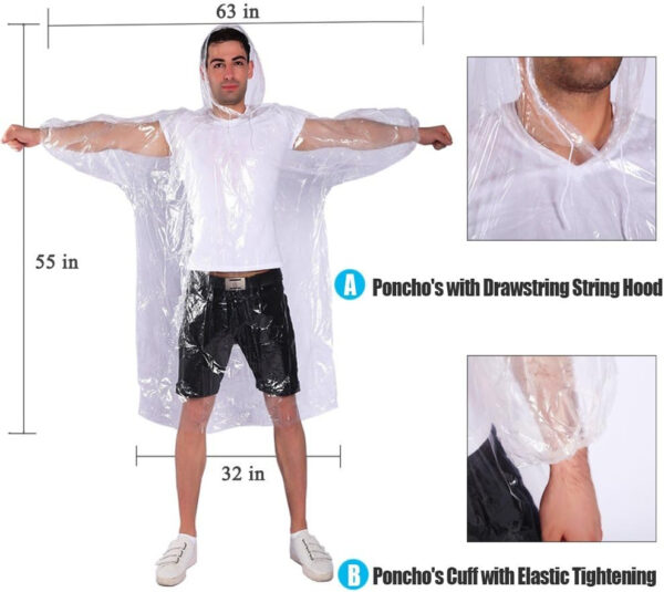 689b6801be81dda91a95e841b48a4f05cf1f79ac78819a52f85d1.jpg Rain Ponchos,with Drawstring Hood (10 Pack) Emergency Disposable Rain Ponchos Family Pack for Adults,Clear