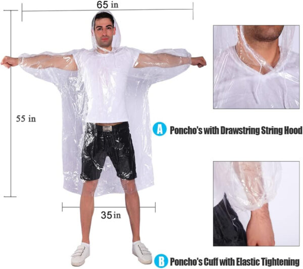 689b6809772b0c90e6f66e8d5898312d805aad7b845f5981dadb5.jpg Rain Ponchos,with Drawstring Hood (10 Pack) Emergency Disposable Rain Ponchos Family Pack for Adults,Clear