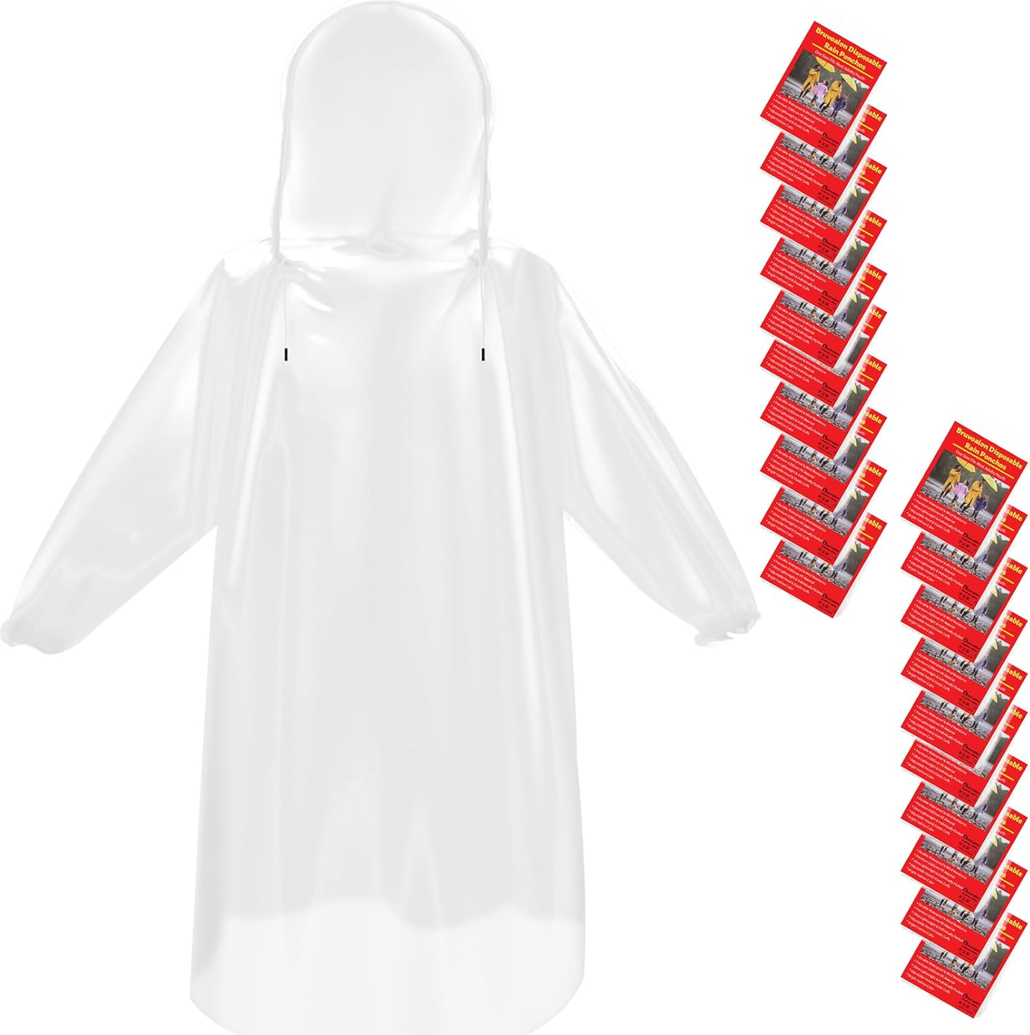 Bruvoalon 6 & 20 Pack Disposable Rain Ponchos for Adults/Youth, Waterproof PE Raincoats with Drawstring, Camping/Emergency