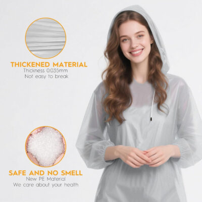 689b6a0e686b509888a0da8bc2e244f0b727c8d2c47b929e3b620.jpg Bruvoalon 6 & 20 Pack Disposable Rain Ponchos for Adults/Youth, Waterproof PE Raincoats with Drawstring, Camping/Emergency