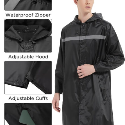 Mens Long Safety Rain Coats with Air Vents Reflective Stripes Waterproof Packable Rain Jacket with Hood Lightweight