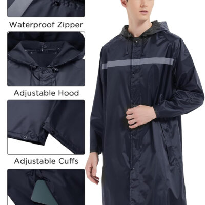 Mens Long Safety Rain Coats with Air Vents Reflective Stripes Waterproof Packable Rain Jacket with Hood Lightweight