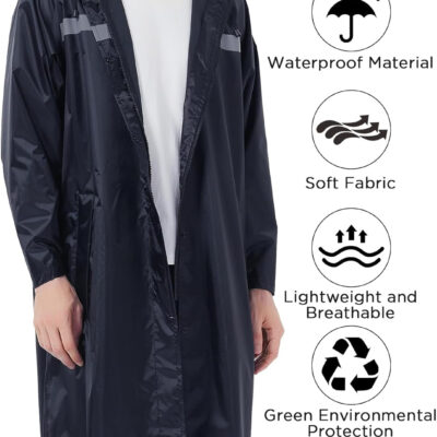 Mens Long Safety Rain Coats with Air Vents Reflective Stripes Waterproof Packable Rain Jacket with Hood Lightweight