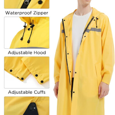 Mens Long Safety Rain Coats with Air Vents Reflective Stripes Waterproof Packable Rain Jacket with Hood Lightweight