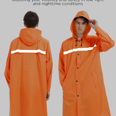 Mens Long Safety Rain Coats with Air Vents Reflective Stripes Waterproof Packable Rain Jacket with Hood Lightweight