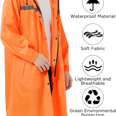 Mens Long Safety Rain Coats with Air Vents Reflective Stripes Waterproof Packable Rain Jacket with Hood Lightweight