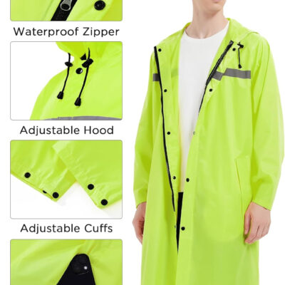 Mens Long Safety Rain Coats with Air Vents Reflective Stripes Waterproof Packable Rain Jacket with Hood Lightweight