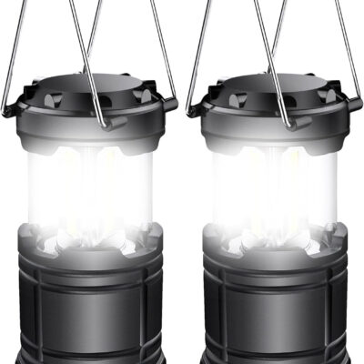 EXTRASTAR 2 Pack LED Battery Operated Lights, Portable Survival Battery Powered Lamp, Waterproof Camping Lantern, Suitable for Hurricane, Emergency, Storm, Outages, Outdoor Collapsible Lanterns, Black