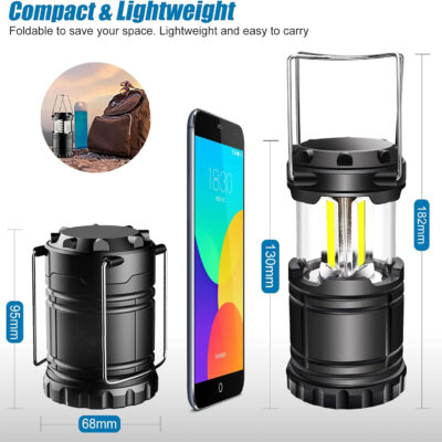 EXTRASTAR 2 Pack LED Battery Operated Lights, Portable Survival Battery Powered Lamp, Waterproof Camping Lantern, Suitable for Hurricane, Emergency, Storm, Outages, Outdoor Collapsible Lanterns, Black