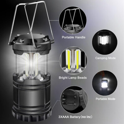 EXTRASTAR 2 Pack LED Battery Operated Lights, Portable Survival Battery Powered Lamp, Waterproof Camping Lantern, Suitable for Hurricane, Emergency, Storm, Outages, Outdoor Collapsible Lanterns, Black